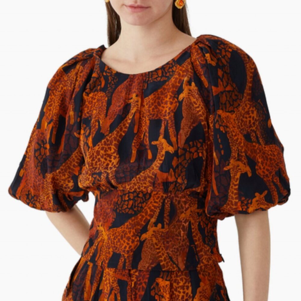 NWT FARM Rio Black Giraffes Puff-Sleeve Blouse XS